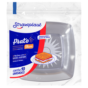 Prato Quadrado Strawplast Cristal 18cm 10un