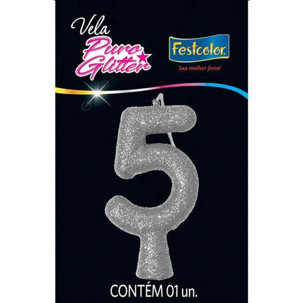 VELA FESTCOLOR PURO GLITTER PRATA N 5
