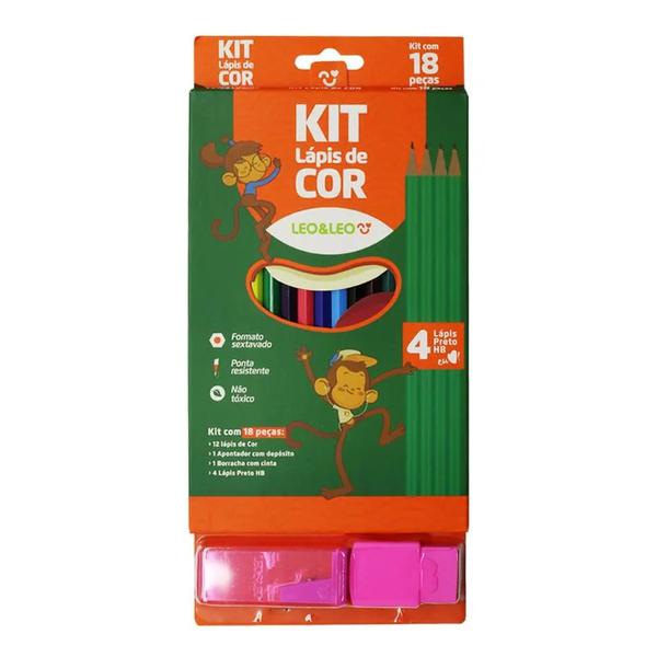 Kit Lápis de Cor Lápis HB Borracha Apontador LeoeLeo
