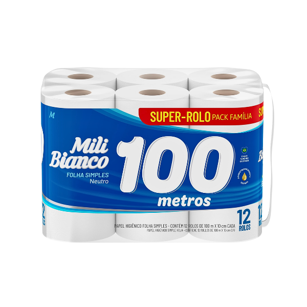 Papel Higiênico Mili Bianco Neutro Folha Simples 100m C/12