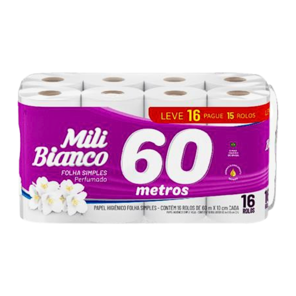 Papel Higiênico Mili Bianco Perfumado Folha Simples 60m C/16