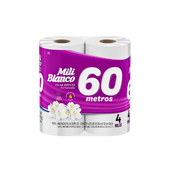 Papel Higiênico Mili Bianco Perfumado Folha Simples 60m C/ 4