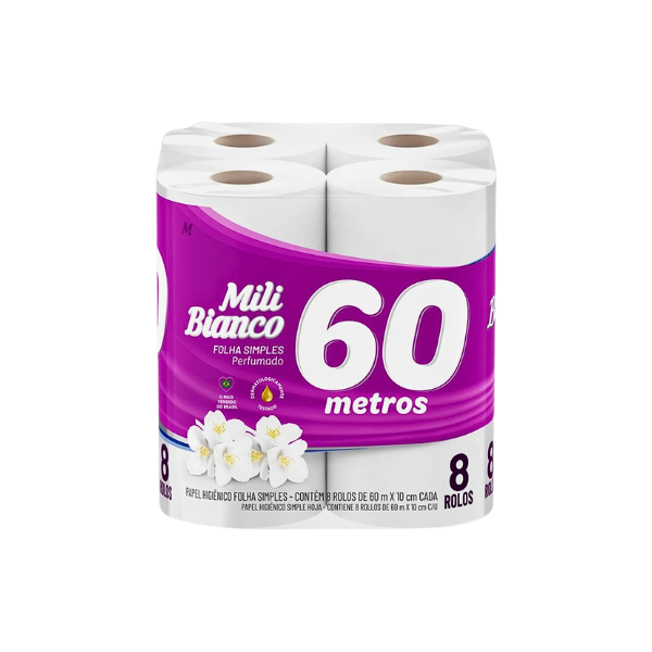 Papel Higiênico Mili Bianco Perfumado Folha Simples 60m C/ 8