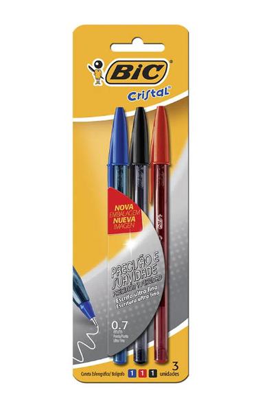 Caneta Escrita Fina Cristal Com 3 Vermelha/Azul/Preta Bic