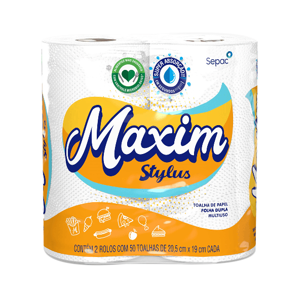 PAPEL TOALHA MAXIM STYLUS 2 ROLOS C/ 50 TOALHAS 20,5X19CM