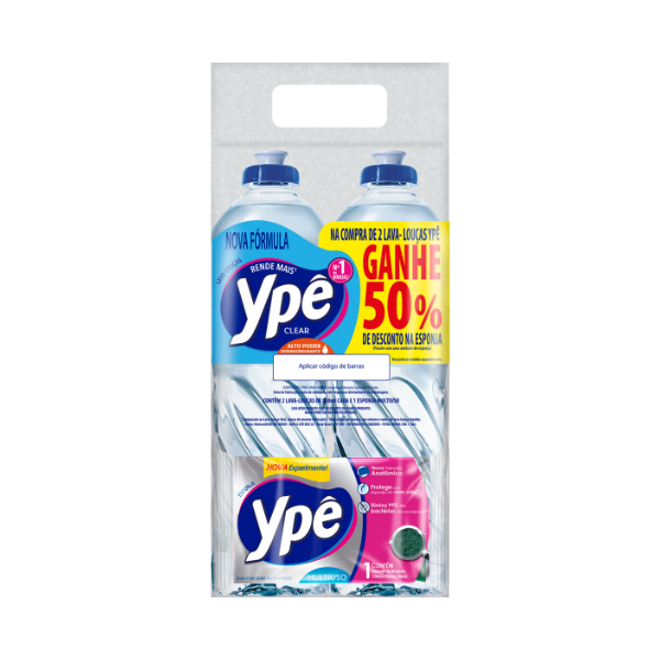 KIT YPE 2UN DETERGENTE YPE CLEAR 500ML +1UN ESPONJA MULTIUSO