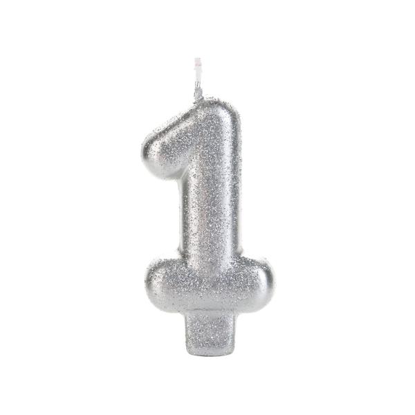 VELA PARABENS GLITTER PRATA NUMERO 1 01