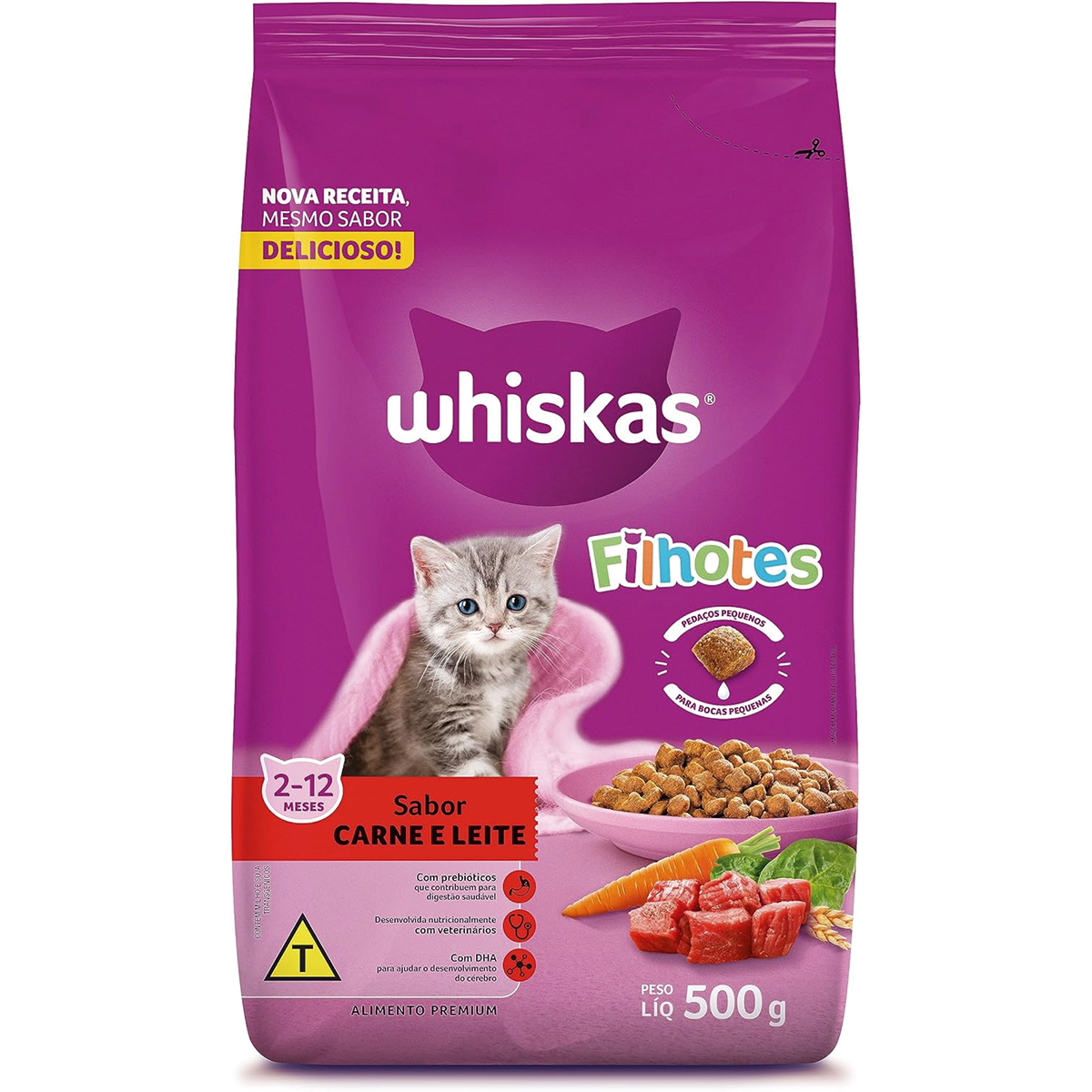 RACAO GATO WHISKAS FILHO CARNE/LEIT 500G