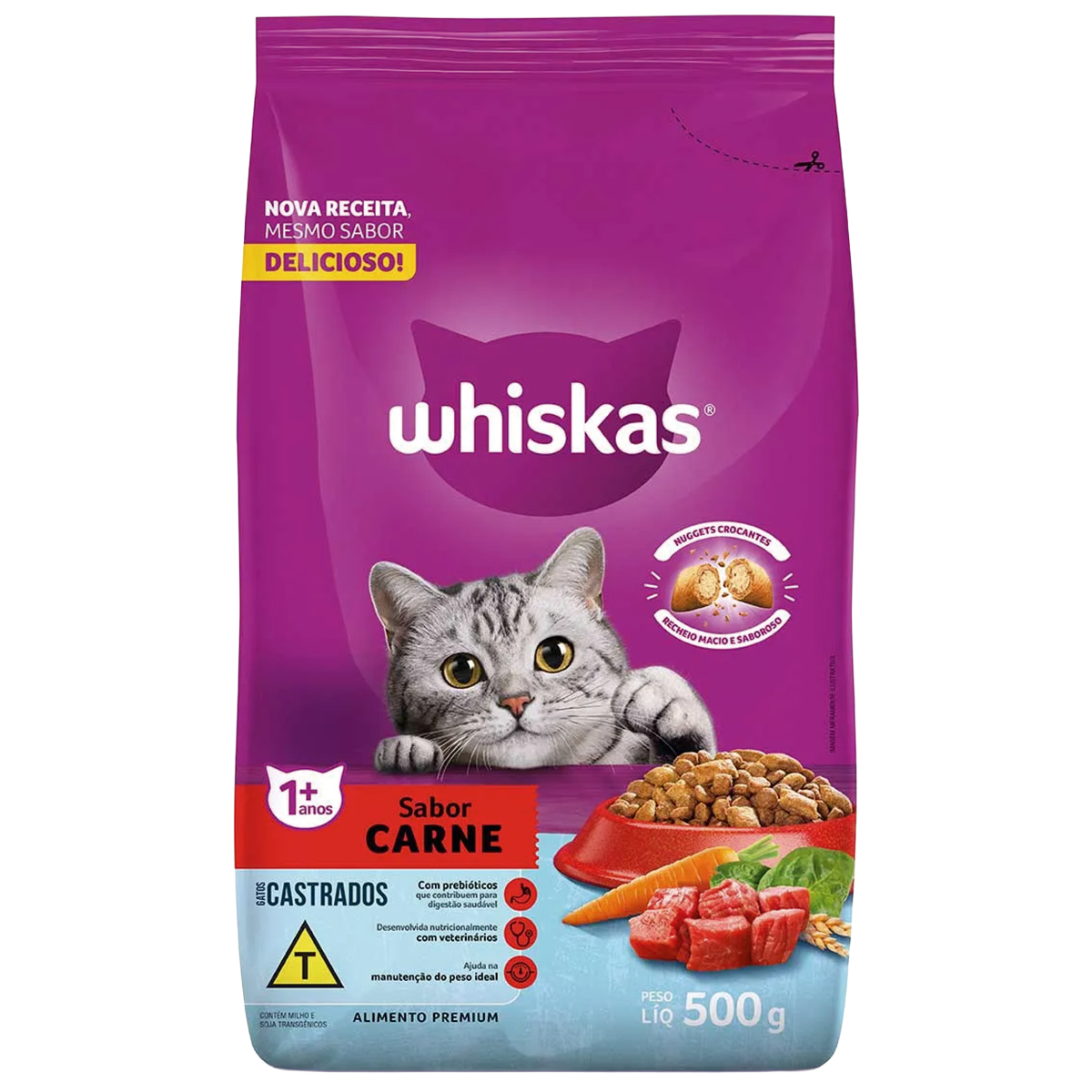 RACAO GATO WHISKAS CASTRADOS CARNE 500G