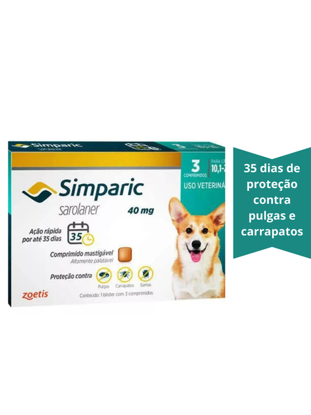 Antipulgas e Carrapatos Simparic 10 á 20Kg - 40mg Unidade:3 Comprimidos