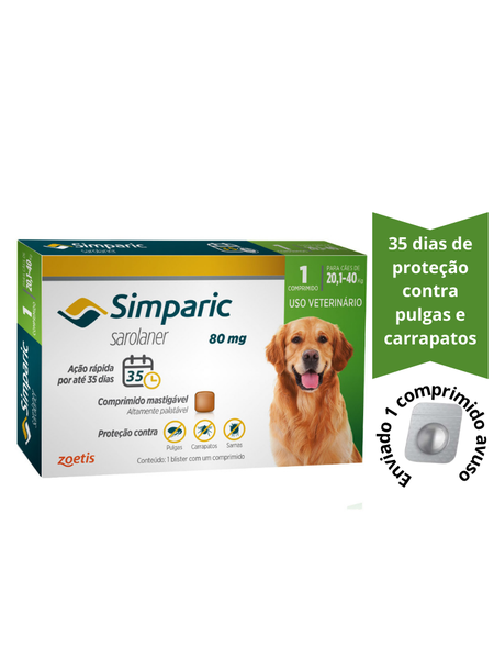 Antipulgas e Carrapatos Simparic 20 á 40Kg - 80mg Unidade:1 Comprimido Granel