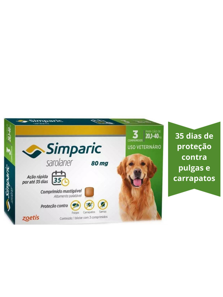 Antipulgas e Carrapatos Simparic 20 á 40Kg - 80mg Unidade:3 Comprimidos