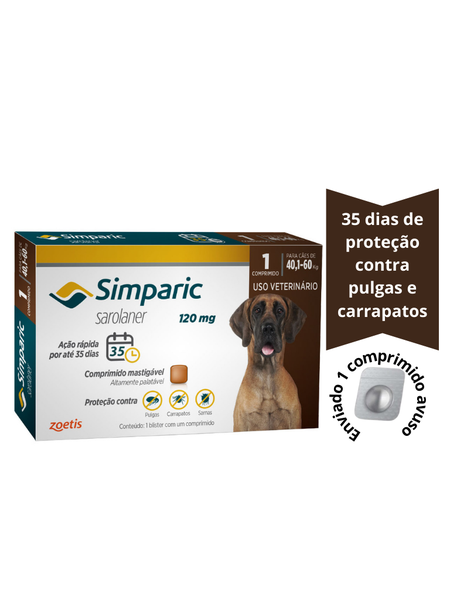 Antipulgas e Carrapatos Simparic 40,1 á 60Kg - 120mg Unidade:1 Comprimido Granel