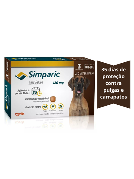 Antipulgas e Carrapatos Simparic 40,1 á 60Kg - 120mg Unidade:3 Comprimidos