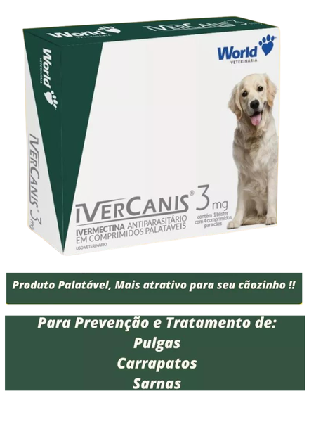 Vermífugo e Sarnicida Ivercanis com 4 Comprimidos 3mg até 15Kg