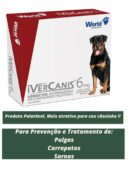 Vermífugo e Sarnicida Ivercanis com 4 Comprimidos 6mg - 15Kg até 30Kg
