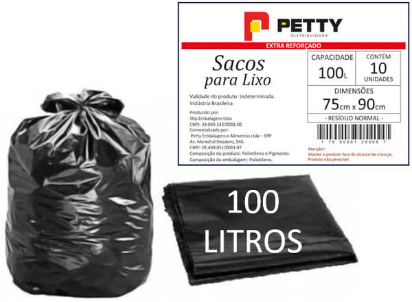 SACO LIXO PRETO 100LT PETTY REFORCADO PCT 10UN 
