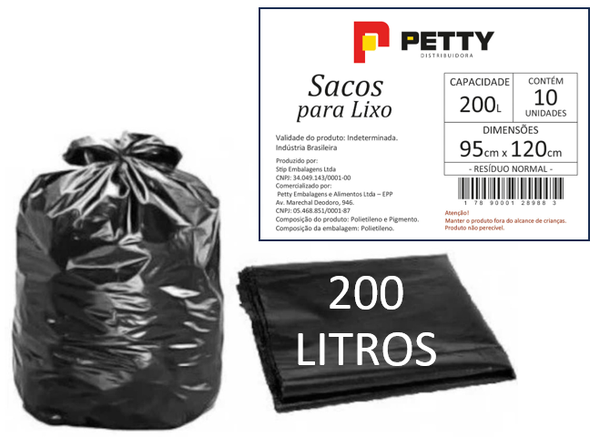 SACO LIXO PRETO 200LT PETTY PCT 10UN 