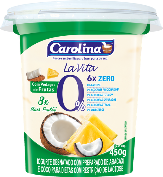 Iogurte Carolina Zero Lactose Pedacos Abacaxi C/Coco 450g
