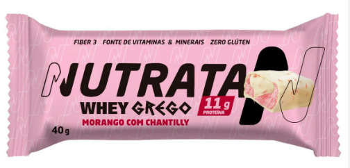 BARRA DE PROTEÍNA MORANGO COM CHANTILLY NUTRATA WHEY GREGO BAR PACOTE 40G