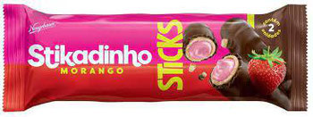 WAFER RECHEIO MORANGO COBERTURA CHOCOLATE MEIO AMARGO STIKADINHO STICKS PACOTE 32G 2 UNIDADES