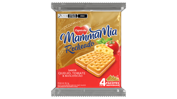 BISCOITO CAPRICCHE SALGADO RECHEADO SABOR QUEIJO, TOMATE E MANJERIÇÃO 93,3G