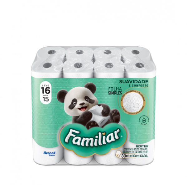 PAPEL HIGIÊNICO FAMILIAR FOLHA SIMPLES NEUTRO 16 ROLOS 30M X 10CM CADA