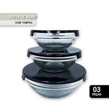 KIT POTES VIDRO REDONDOS TAMPA PLAST 3UN