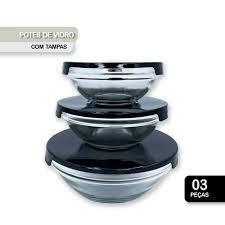 KIT POTES VIDRO REDONDOS TAMPA PLAST 3UN