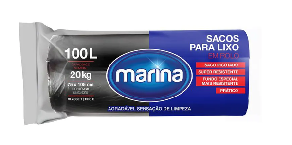 SACO P/ LIXO MARINA PRETO 100 L C/ 5 UN