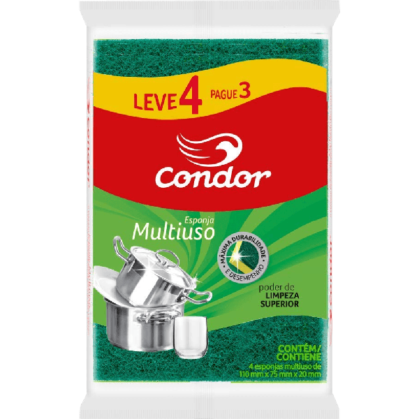 ESPONJA CONDOR MULTIUSO LV4 PG3 - R$2.90 - CX/160 - 7891055605806