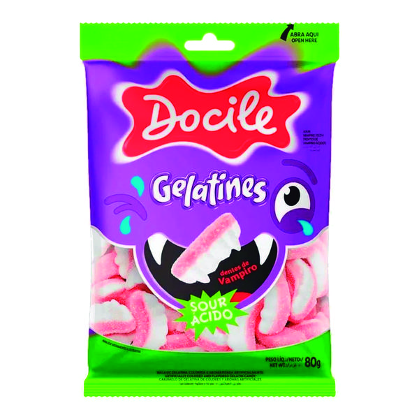 GELATINES DOCILE DENTES VAMPIRO CITRICO 80G - R$3.68 - CX/12 - 7896451912435