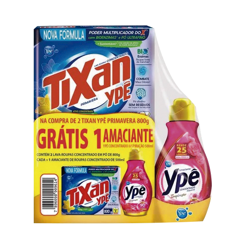 KIT 2 DETERG PO TIXAN 800G GTS 1 AMAC CONC 500ML - R$18.83 - CX/06 - 7896098909614