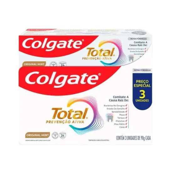 PACK CREME DENTAL COLGATE TOTAL ORIG MINT 3X90G - R$28.49 - CX/24 - 7509546702827
