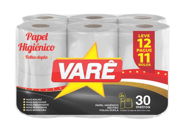 PAPEL HIG VARE FOLHA DUPLA 30M LV12 PG11 - R$12.99 - FD/06 - 7898964022038