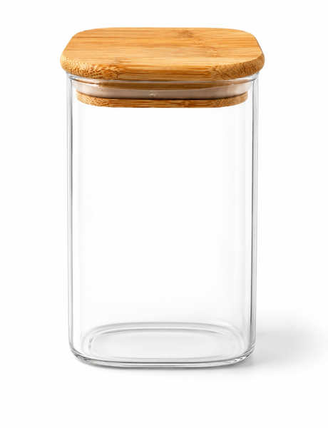 POTE DE  VIDRO QUADRADO C/TAMPA BAMBU 600ML
