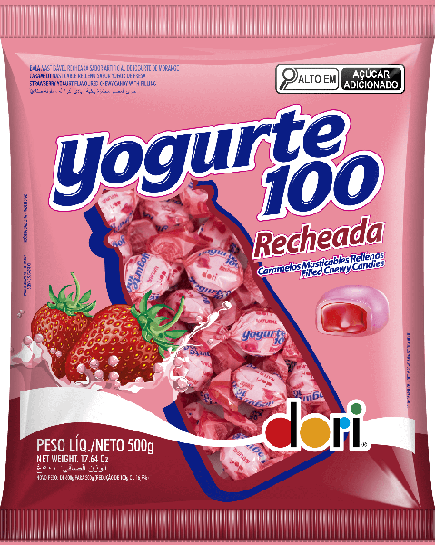BALA MASTIGAVEL RECHEADA YOGURT 100 MORANGO 500G DORI