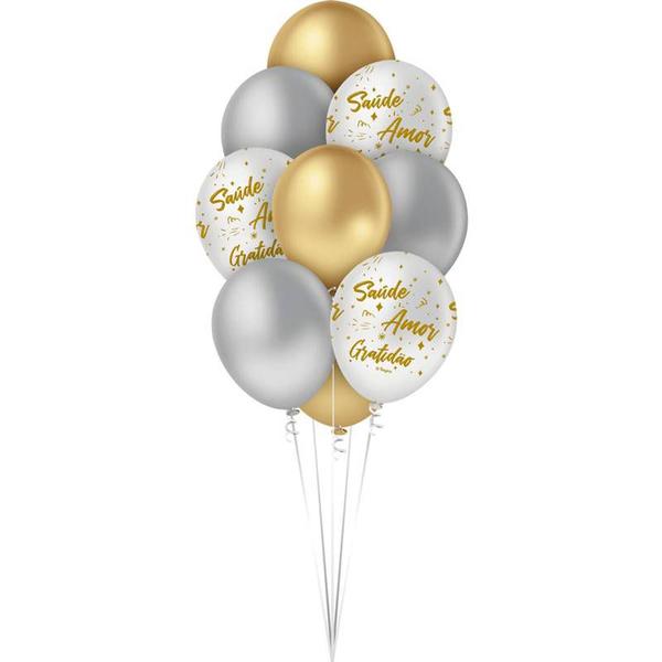 BALAO LATEX PREMIUM 10" OURO/PRATA ANO NOVO 10UN REGINA