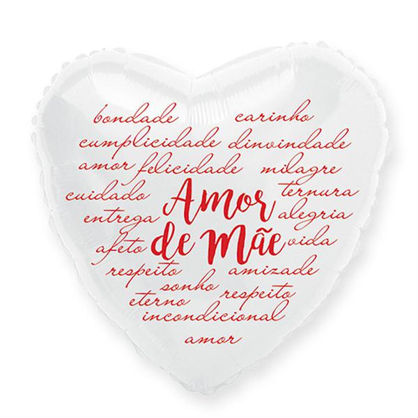 BALAO METALIZADO 20" CORACAO AMOR DE MAE BRANCO E VERMELHO UN MEGATOON