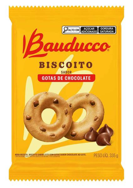 BISCOITO AMANTEIGADO 335G LEITE C/ GOTAS CHOCOLATE BAUDUCCO