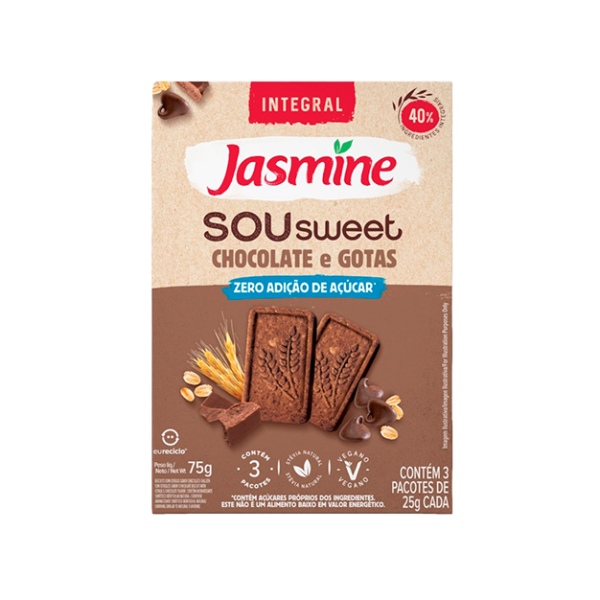 BISCOITO SOU SWEET CHOCOLATE E GOTAS ZERO ACUCAR 75G JASMINE