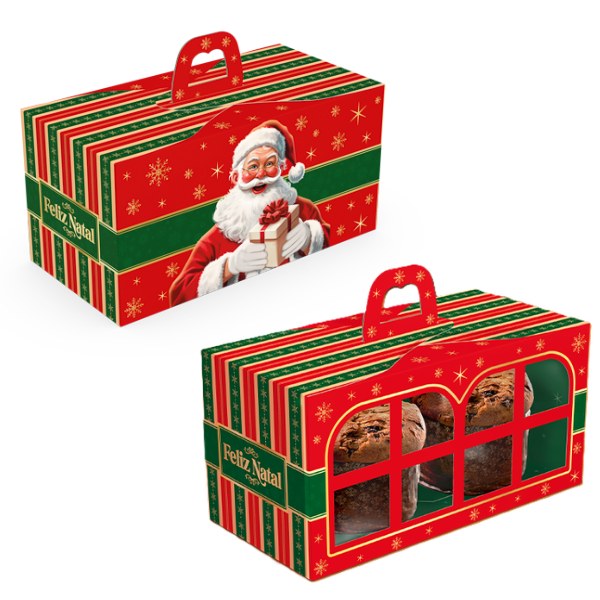 CAIXA COM VISOR JANELA 2 MINI PANETONES FELIZ NATAL UN IDEIA