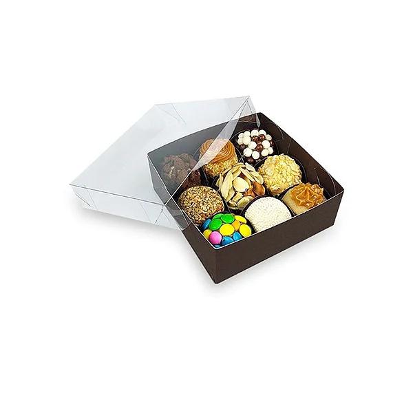 CAIXA DOCINHOS/ BOMBONS 9 DOCES MARROM/TAMPA ACETATO PLAC