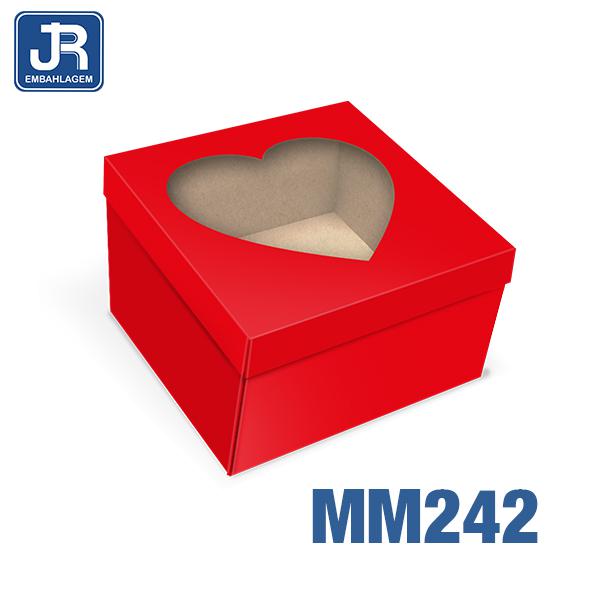 CAIXA QUADRADA 14X14X8CM COM VISOR CORACAO VERMELHO UN JR EMBALAGENS