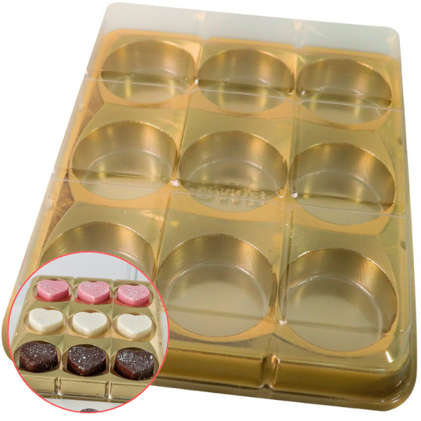 CAIXA RETANGULAR PARA TRUFA/BOMBONS 9 CAVIDADES DOURADO UN BWB