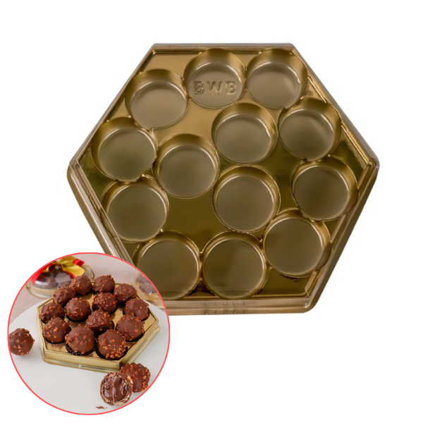 CAIXA SEXTAVADA PARA BOMBONS 13 CAVIDADES DOURADO UN BWB