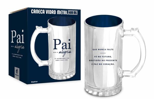 CANECA VIDRO BERLIM  METALIC 480ML PAI QUE ALEGRIA UN