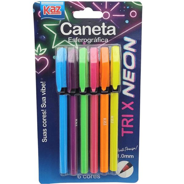 CANETA ESFEROGRAFICA 1.0 NEON COM 6 CORES KAZ
