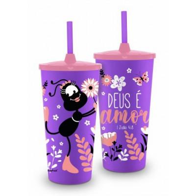 COPO PLASTICO COM CANUDO FE SMILINGUIDO DEUS E AMOR UN