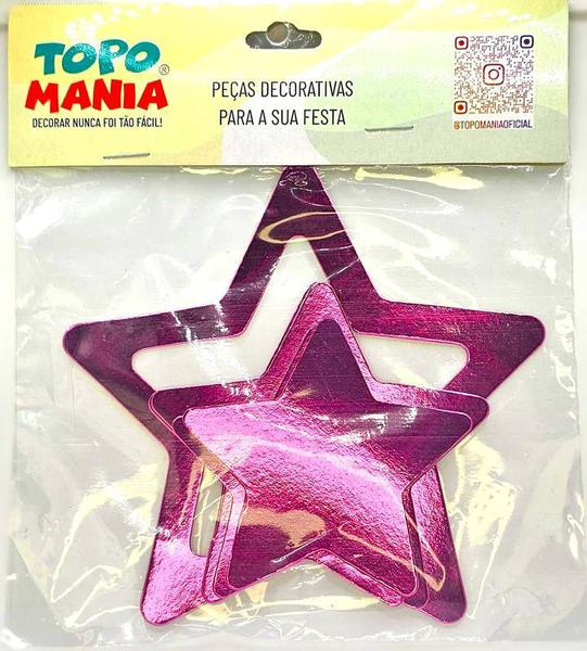 DECORACAO BOLO ESTRELA TRIO MEDIA ROSA METALIZADO 6UN TOPO MANIA
